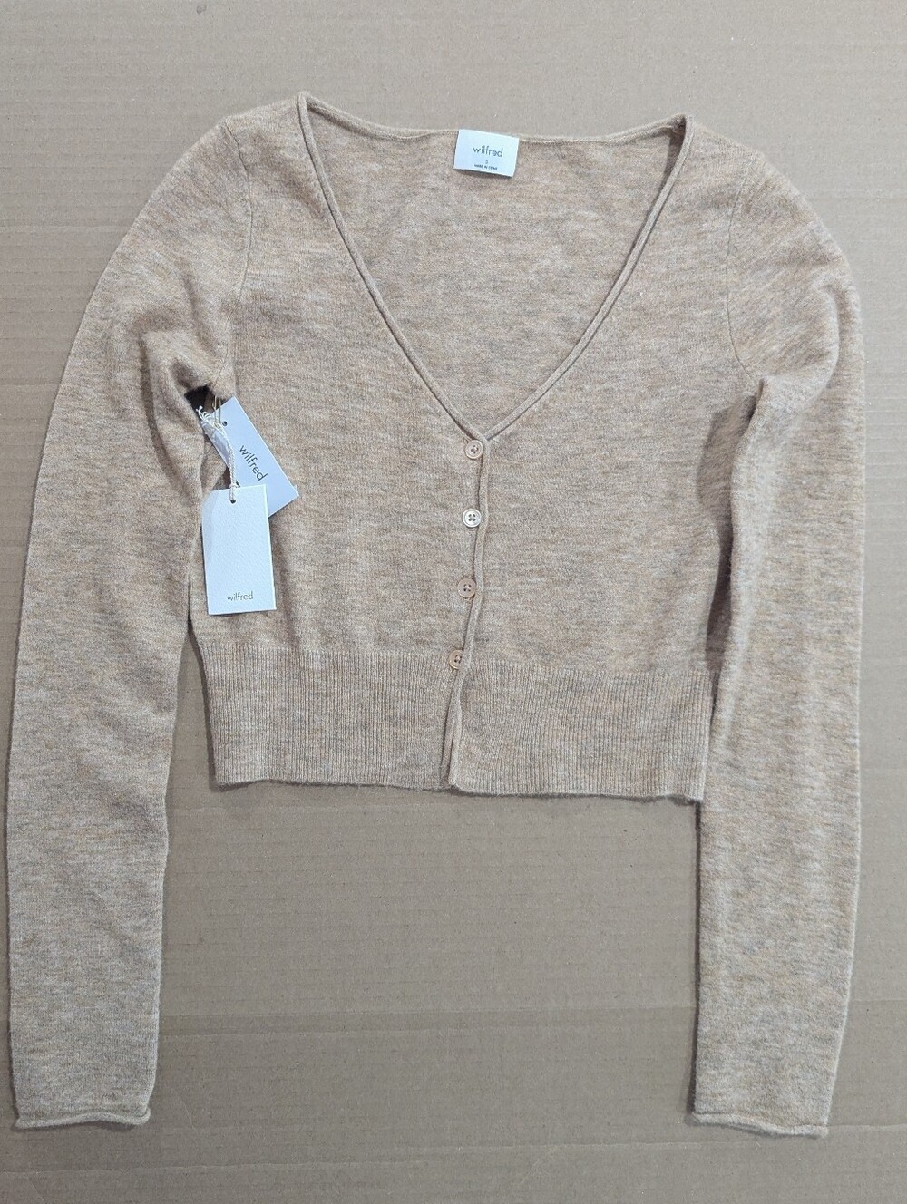 Wilfred Aritzia Santorini Cardigan Soft V-Neck Wool Cashmere Sweater Tan Sm *NWT